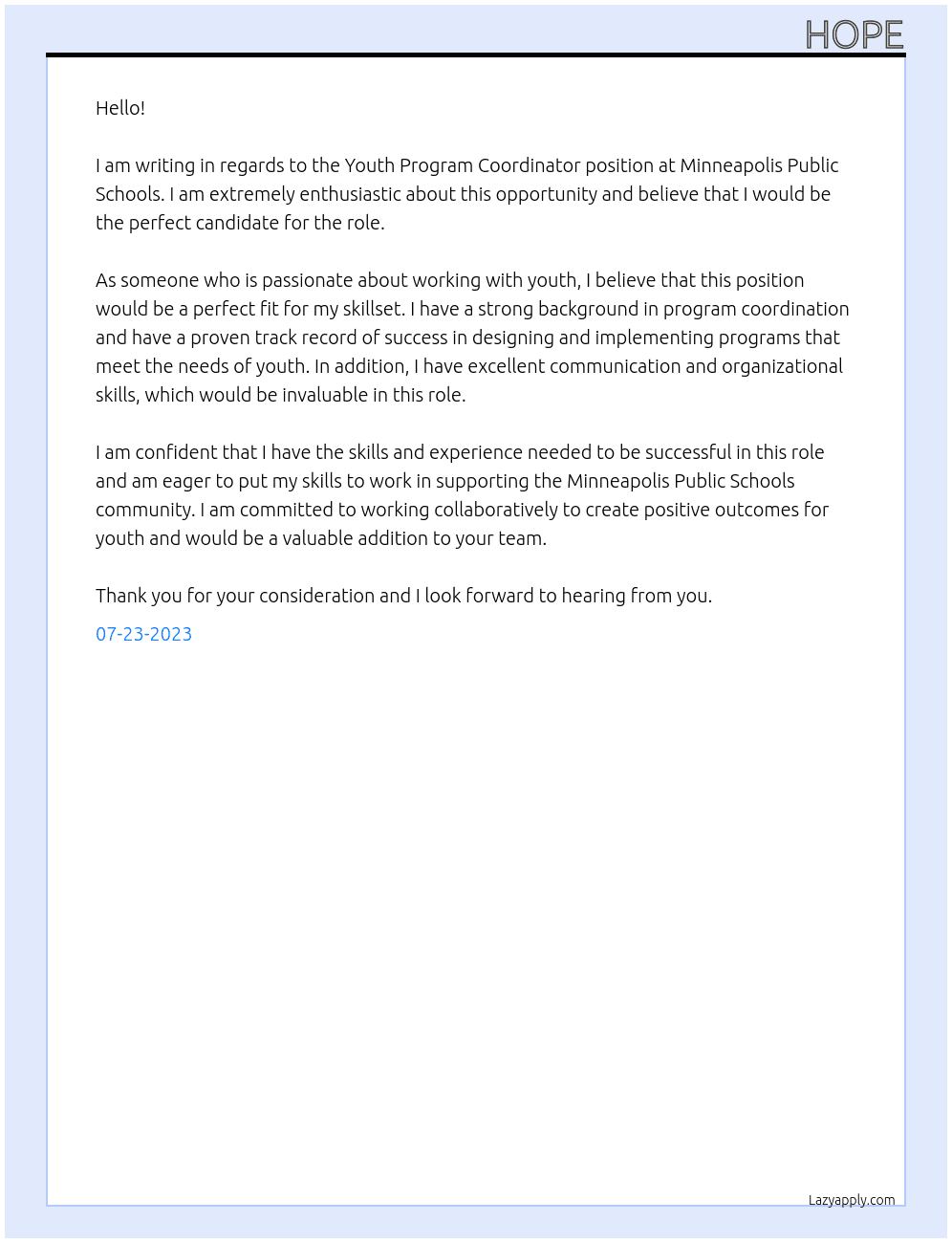 Youth Program Coordinator At Minneapolis Public Schools Cover Letter