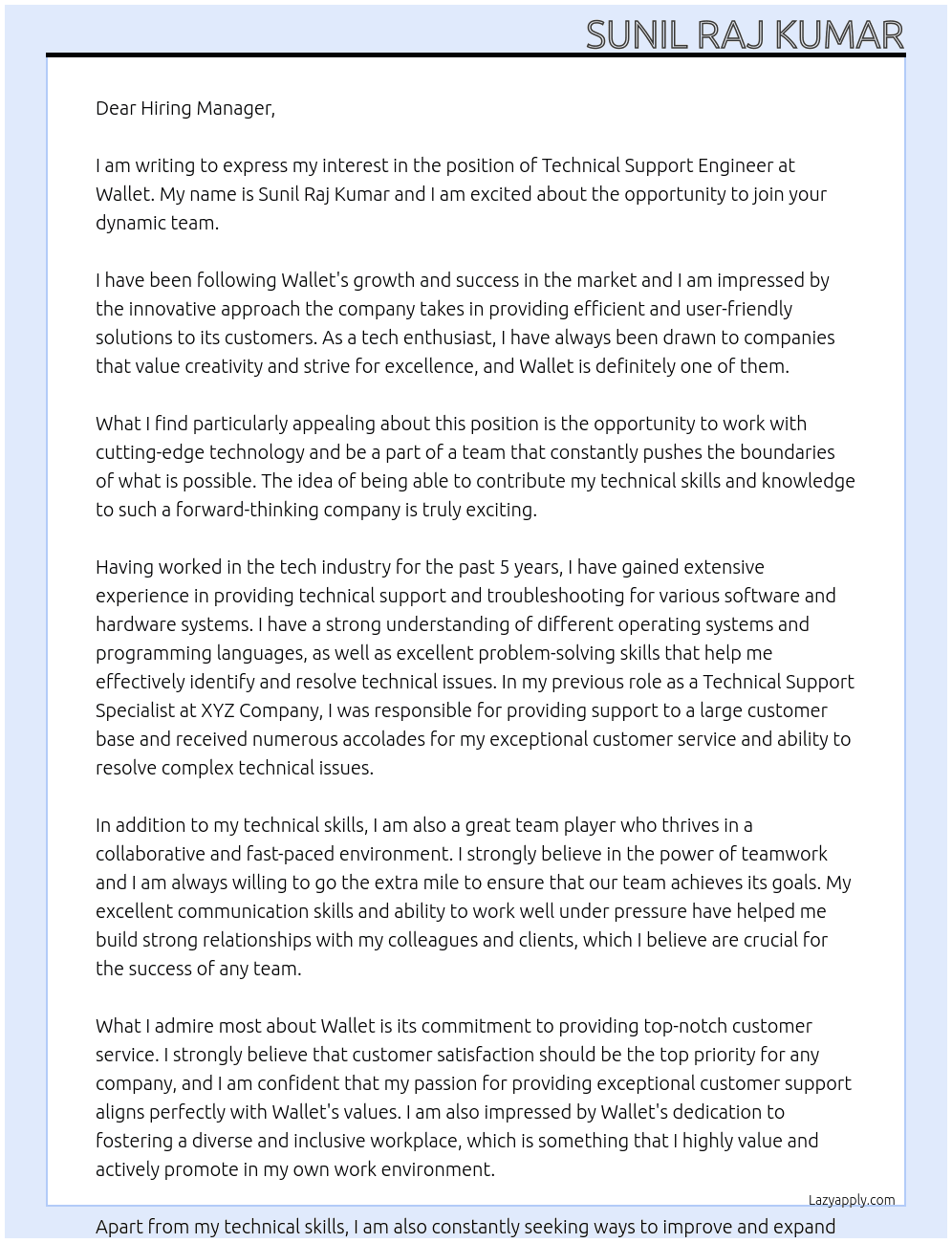 Technical Support Engineer At Wallet Cover Letter