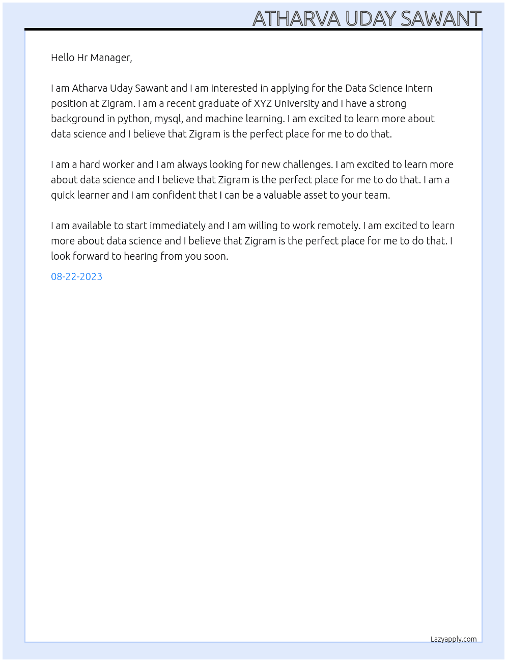 Data Science Intern At Zigram Cover Letter