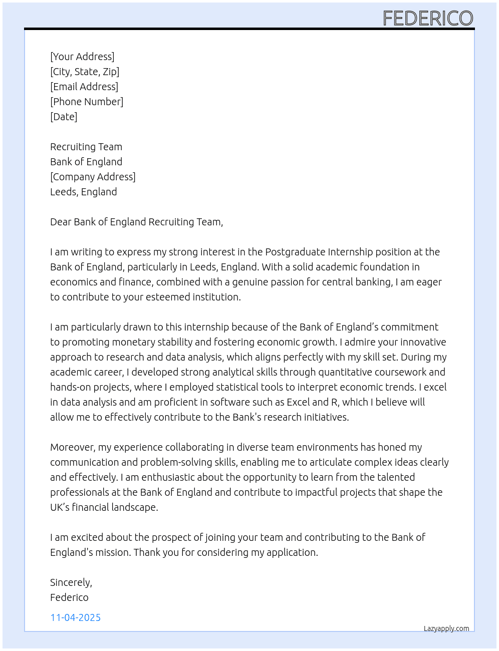Cover letter for postgraduete internship - LazyApply