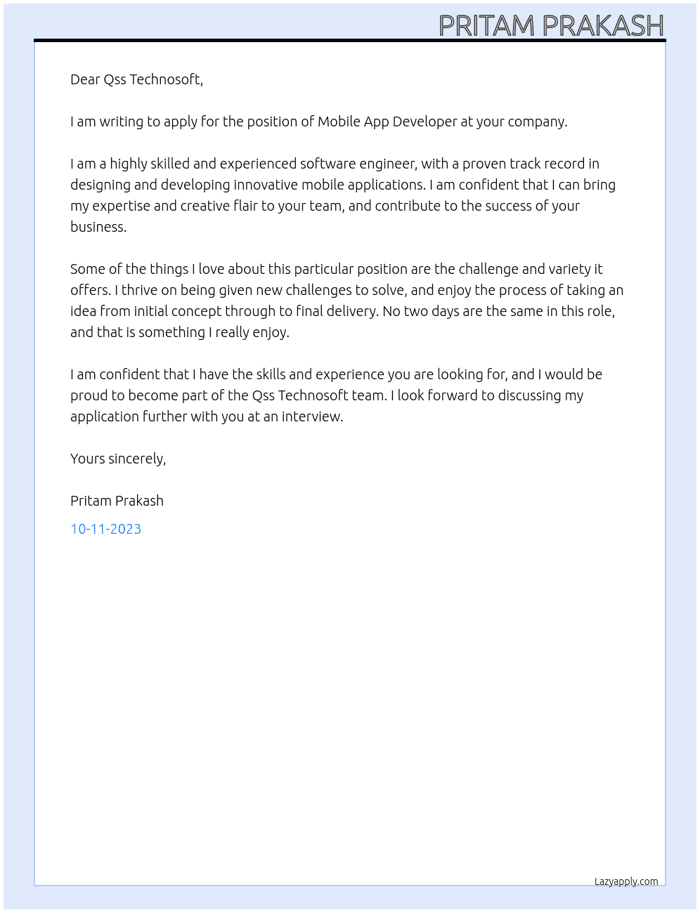 Mobile app development At Qss Technosoft Cover Letter