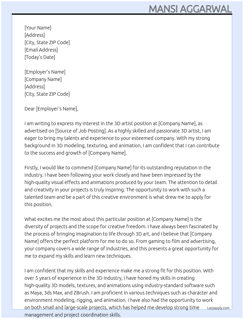 3d artist At Hdjdjekenej Cover Letter