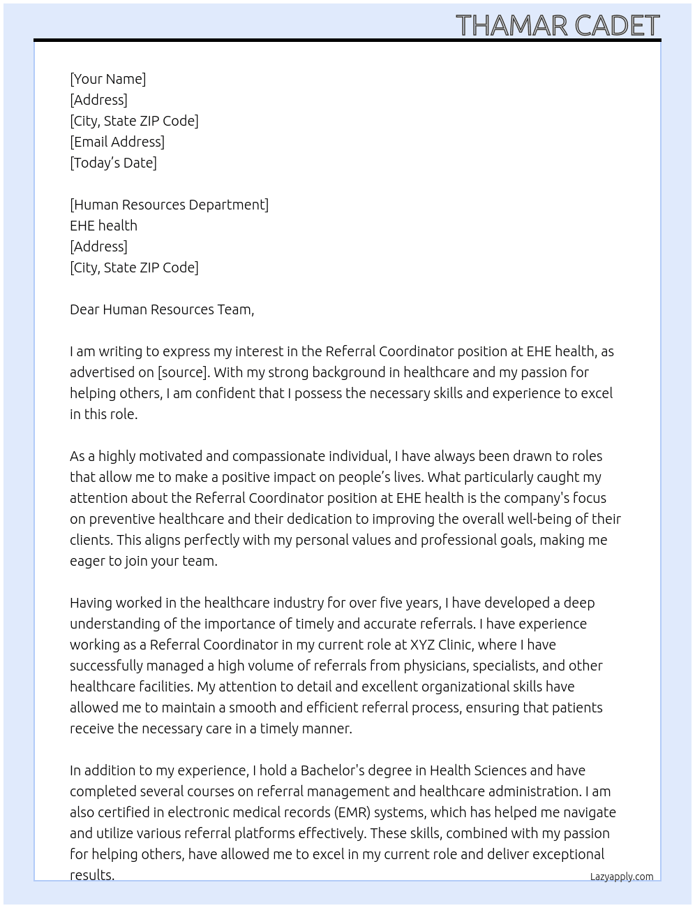 Referral coordinator  At EHE health Cover Letter