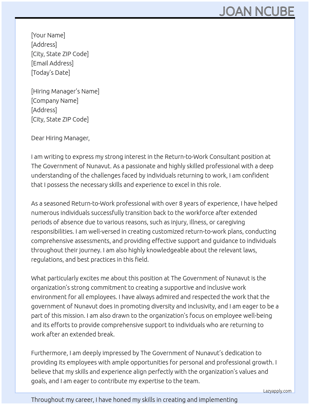 Return-to-Work Consultant  At The Government of Nunavut  Cover Letter