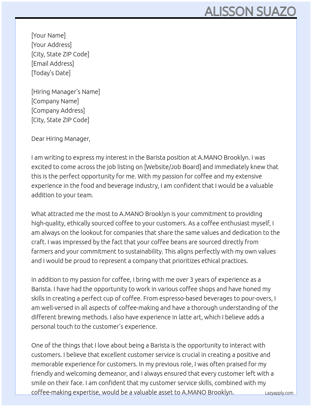 barista At A.MANO Brooklyn Cover Letter
