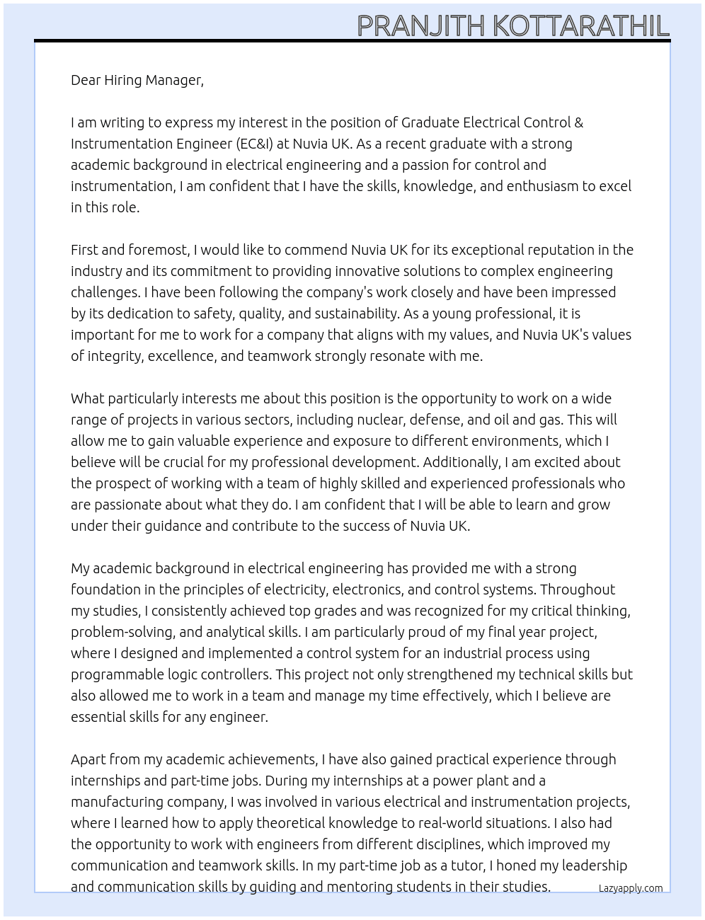 GRADUATE ELECTRICAL CONTROL & INSTRUMENTATION ENGINEER (EC&I) At Nuvia UK Cover Letter