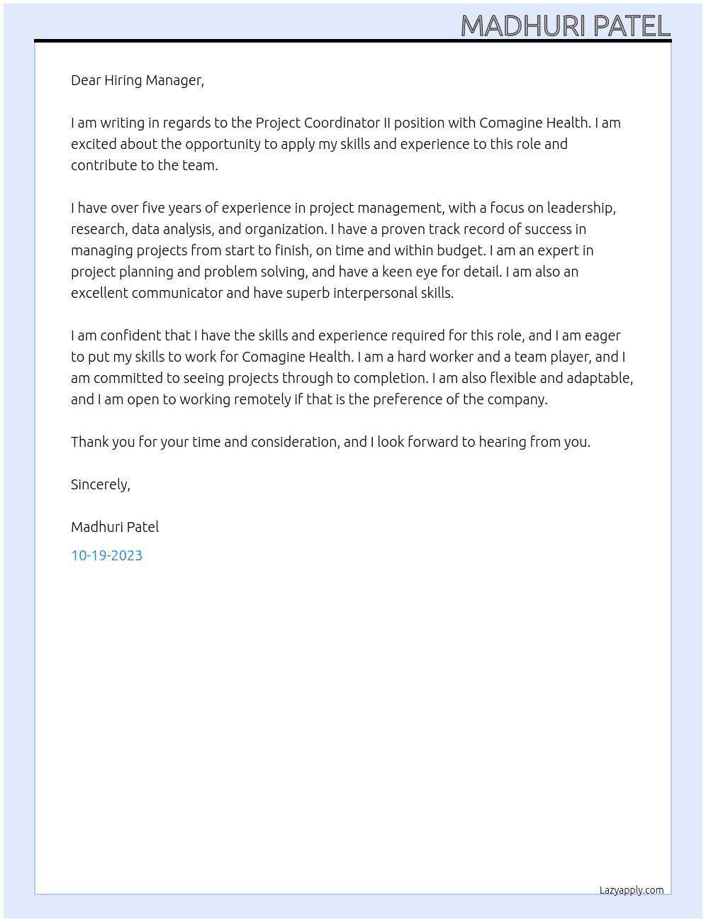 Project Coordinator II At Comagine Health Cover Letter