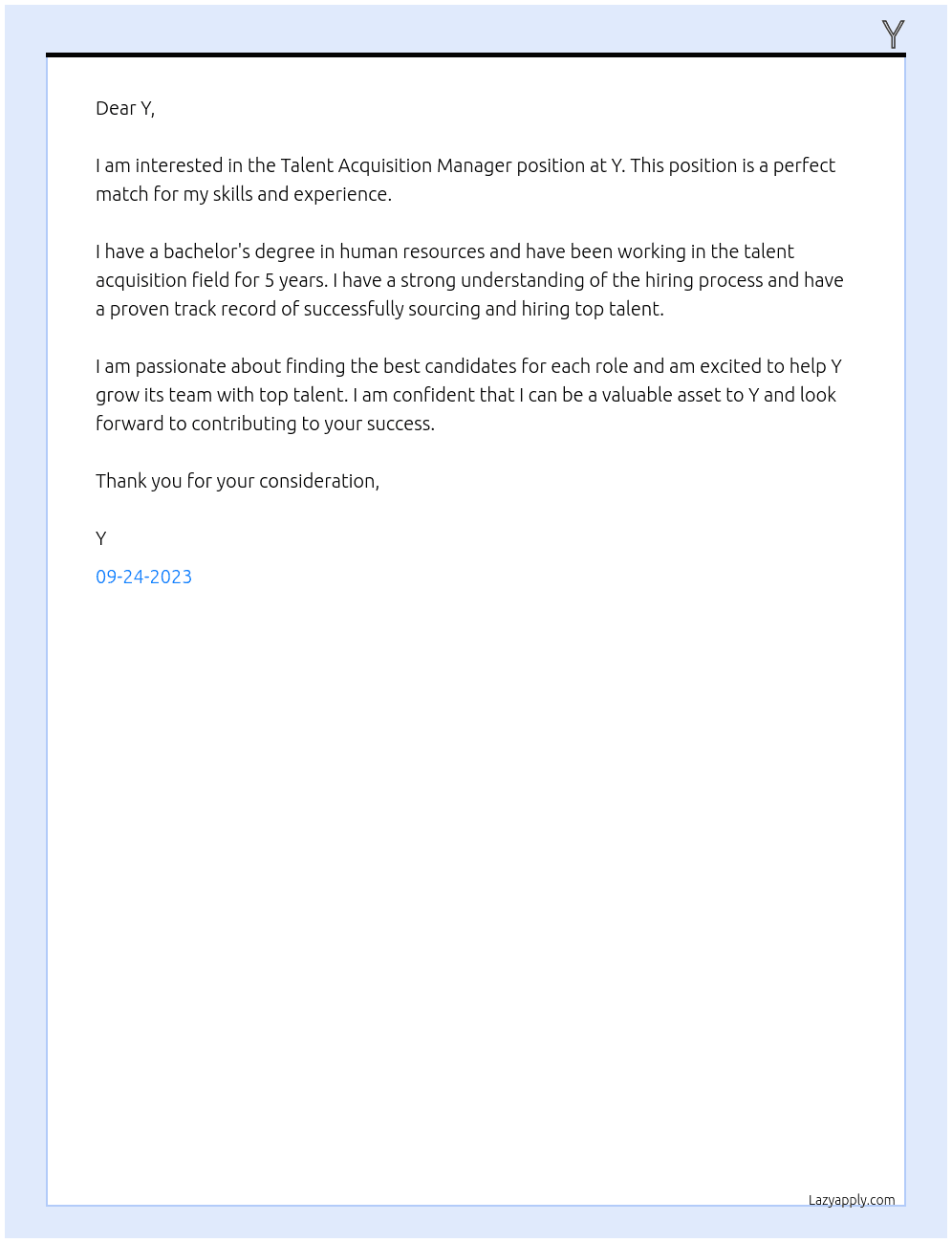 TALENT ACQUISITION manager At Y Cover Letter