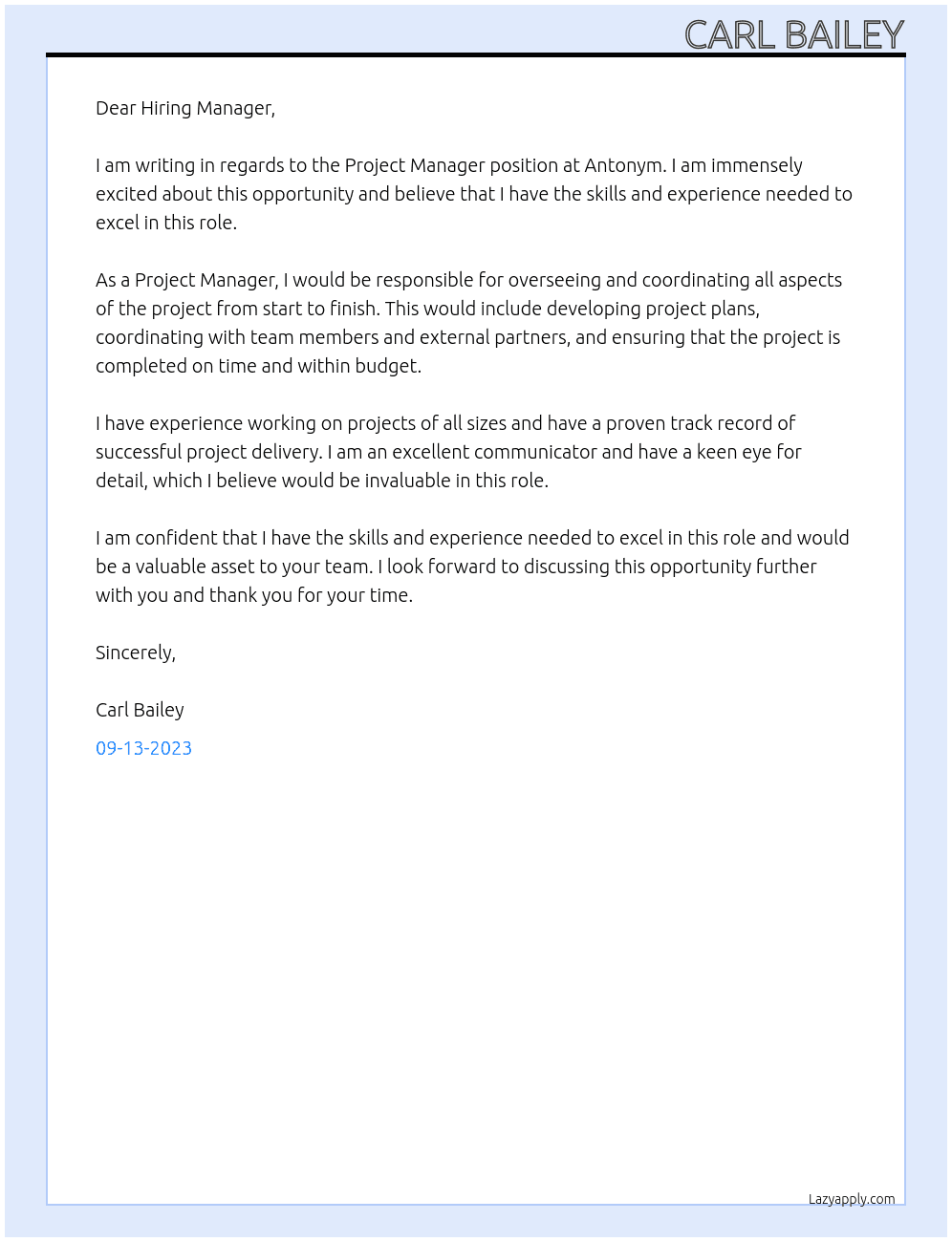 Project Manager  At Antonym Cover Letter