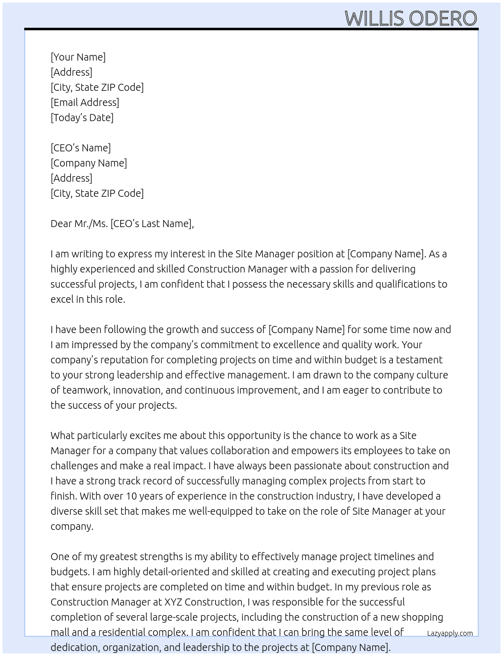 Cover letter for site manager - LazyApply