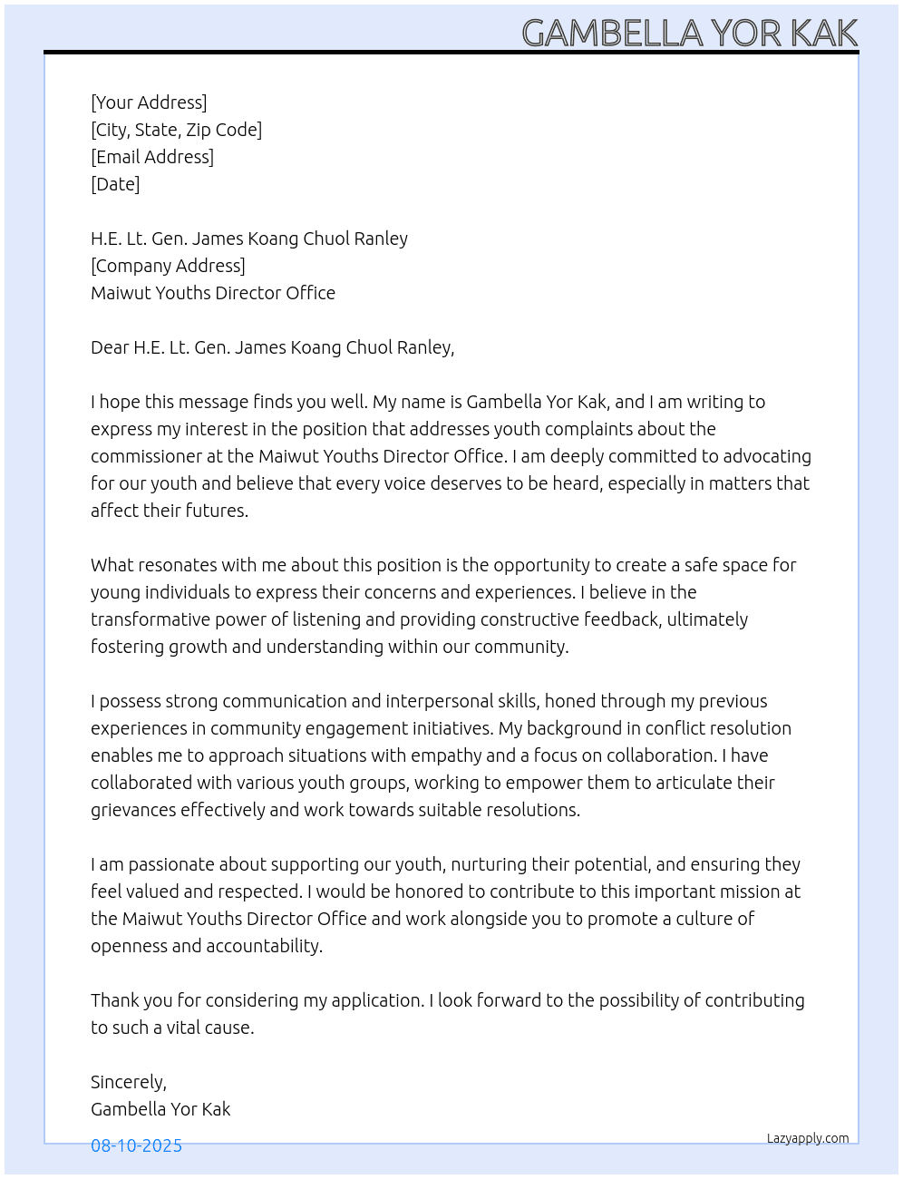 Feedback latter of Youths complaint about commissioner  At Maiwut Youths Director office  Cover Letter
