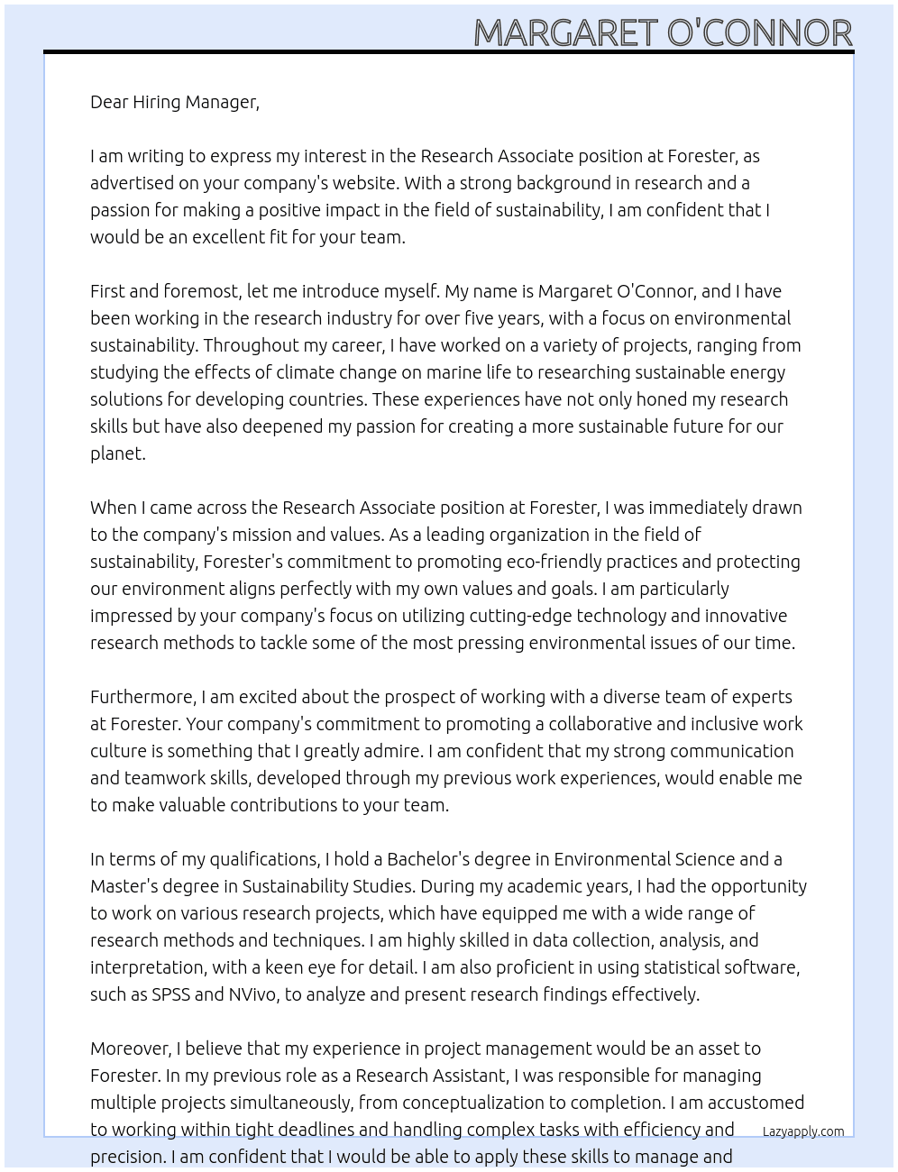 Research Associate At Forester Cover Letter
