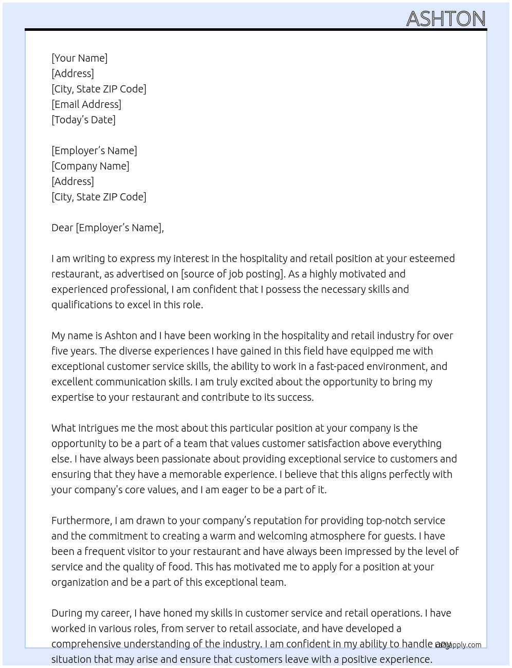 hospitality and retail  At Restaurant  Cover Letter