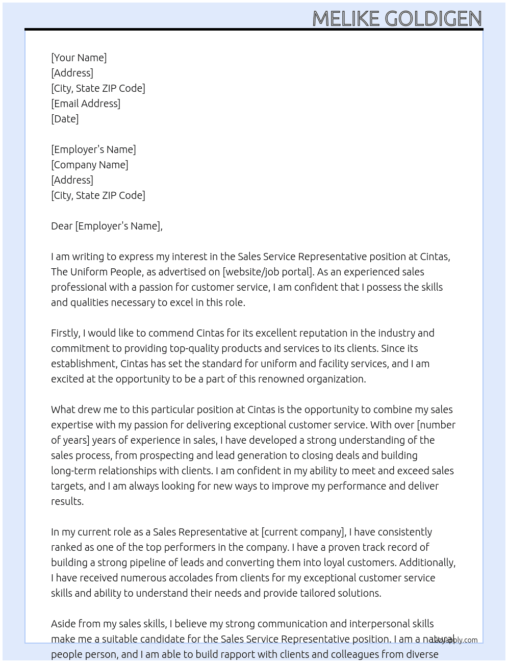 Sales Service Representative At Cintas, The Uniform People Cover Letter