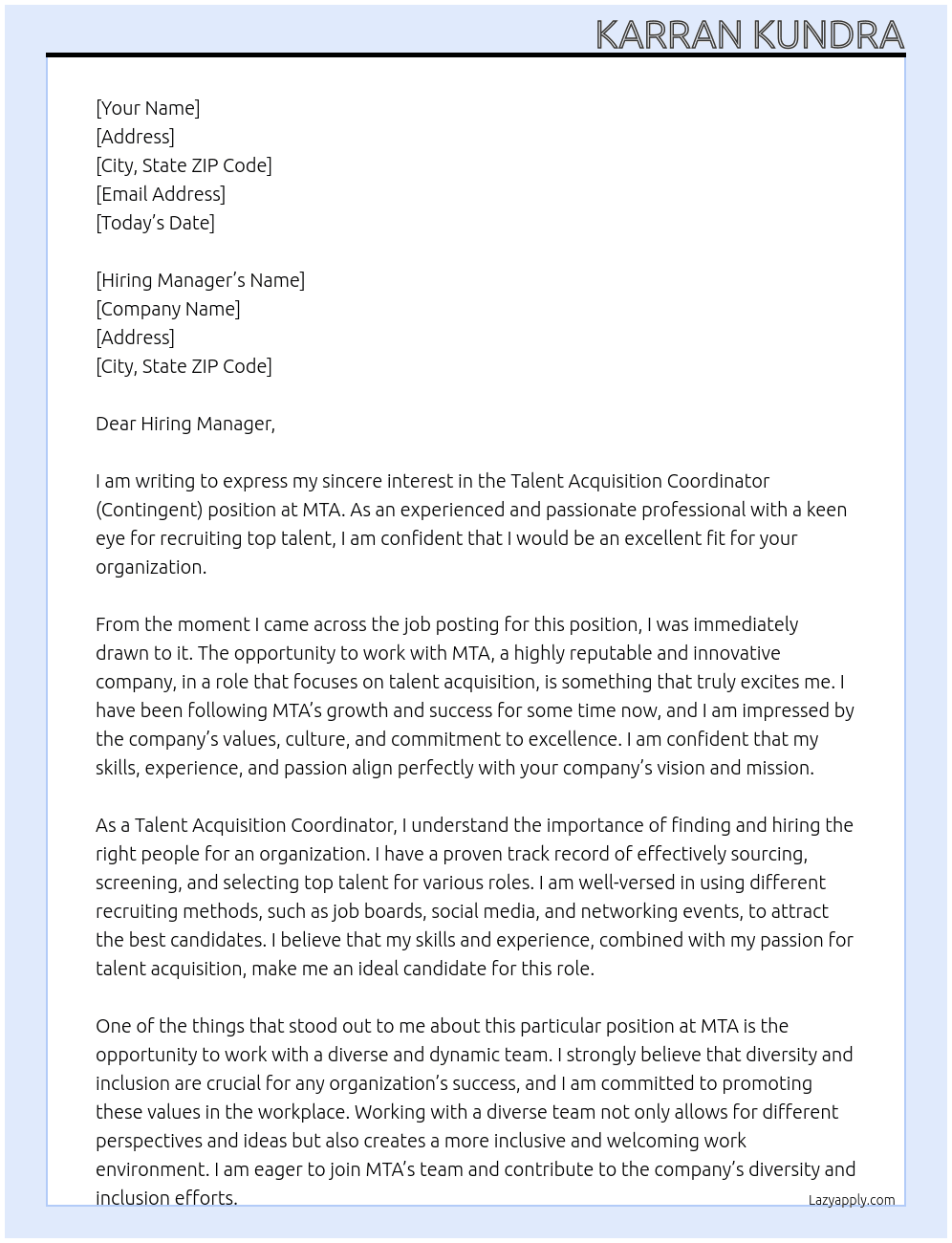 Talent Acquisition Coordinator (Contingent) At MTA Cover Letter