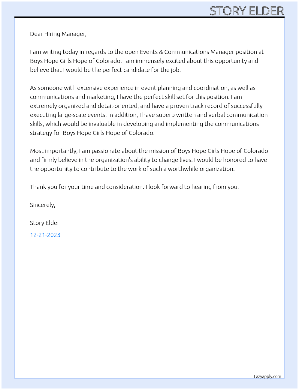 Events & Communications Manager At Boys Hope Girls Hope of Colorado Cover Letter