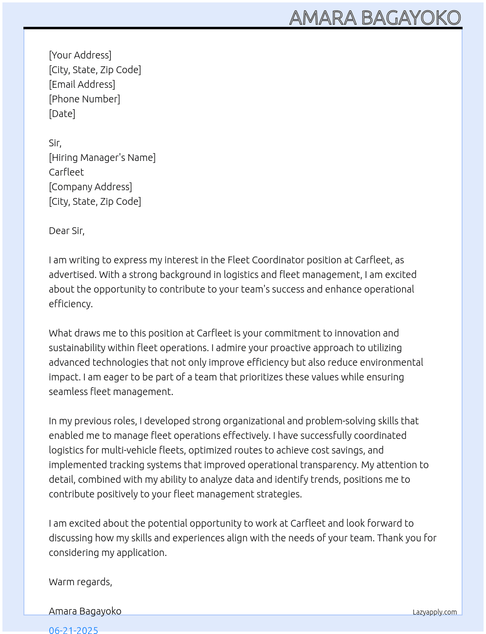Fleet coordinator At Carfleet Cover Letter