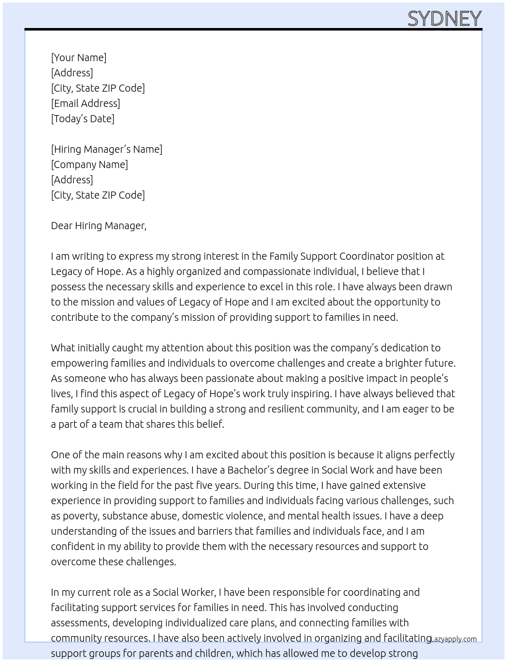 Family Support Coordinator At Legacy of Hope Cover Letter