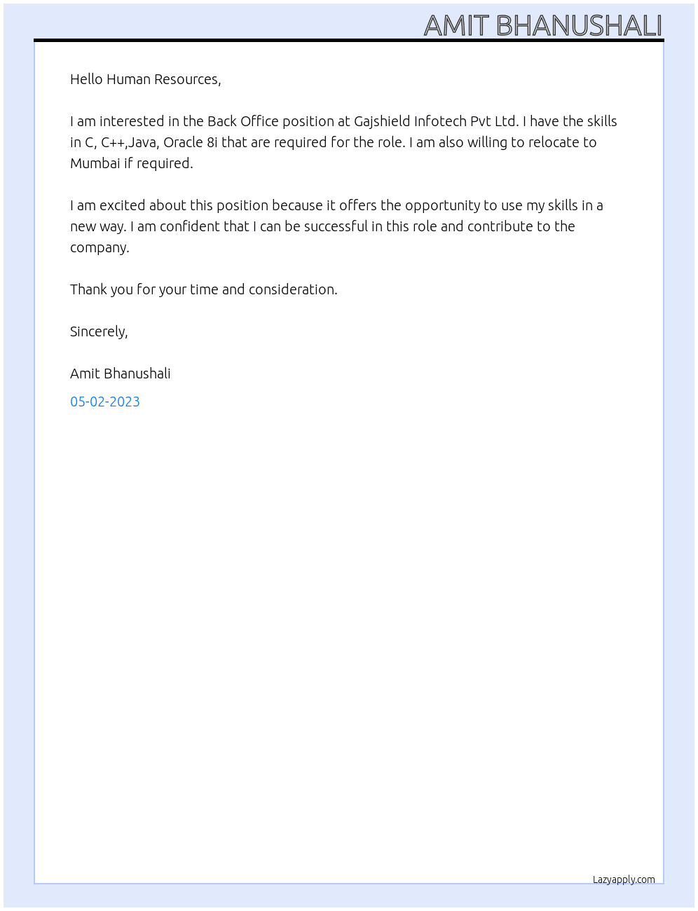 Back Office At Gajshield Infotech Pvt Ltd Cover Letter