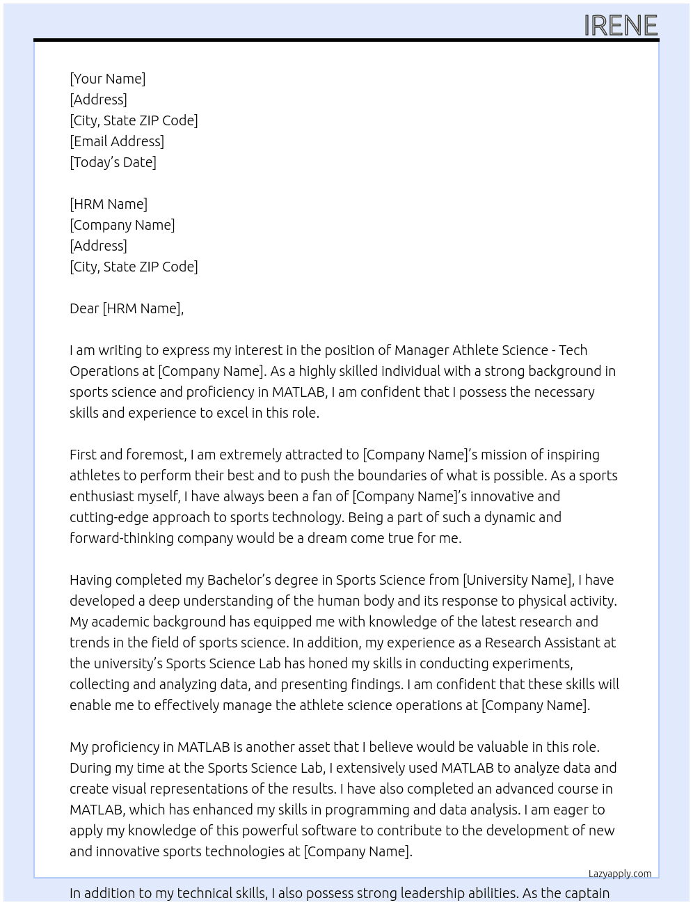 Cover letter for manager athlete science – tech operations - LazyApply