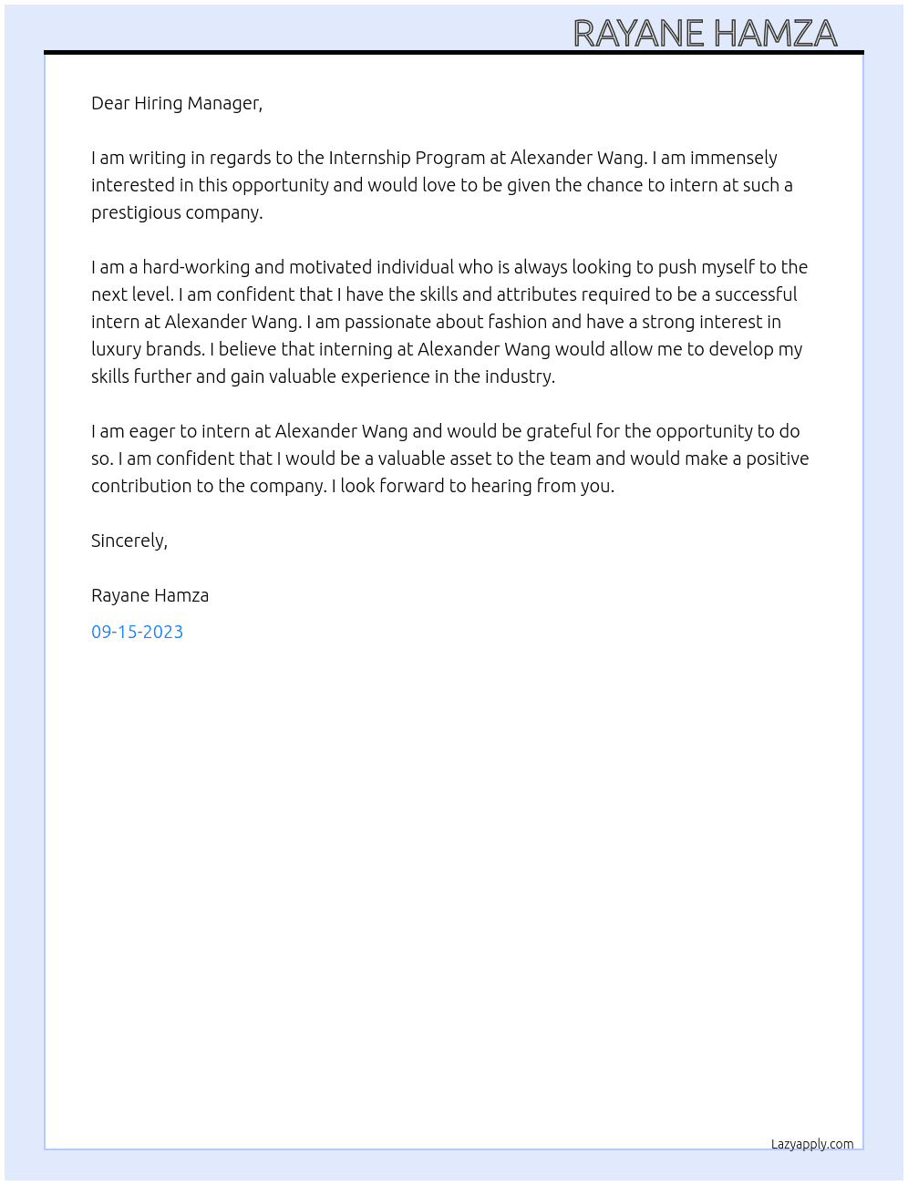 Internship Program  At Alexander Wang  Cover Letter