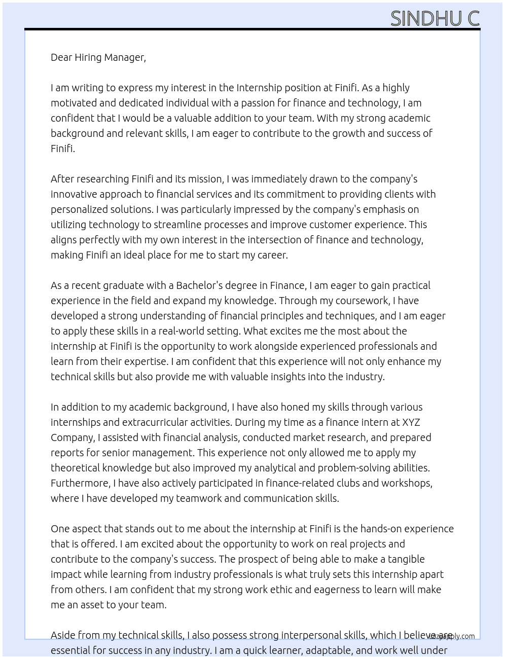 internship At finifi Cover Letter