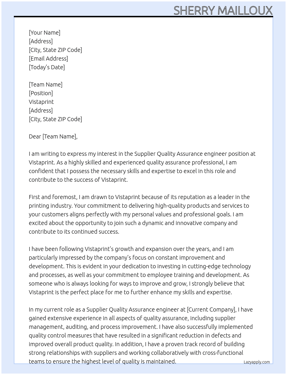 Supplier Quality Assurance engineer At Vistaprint Cover Letter