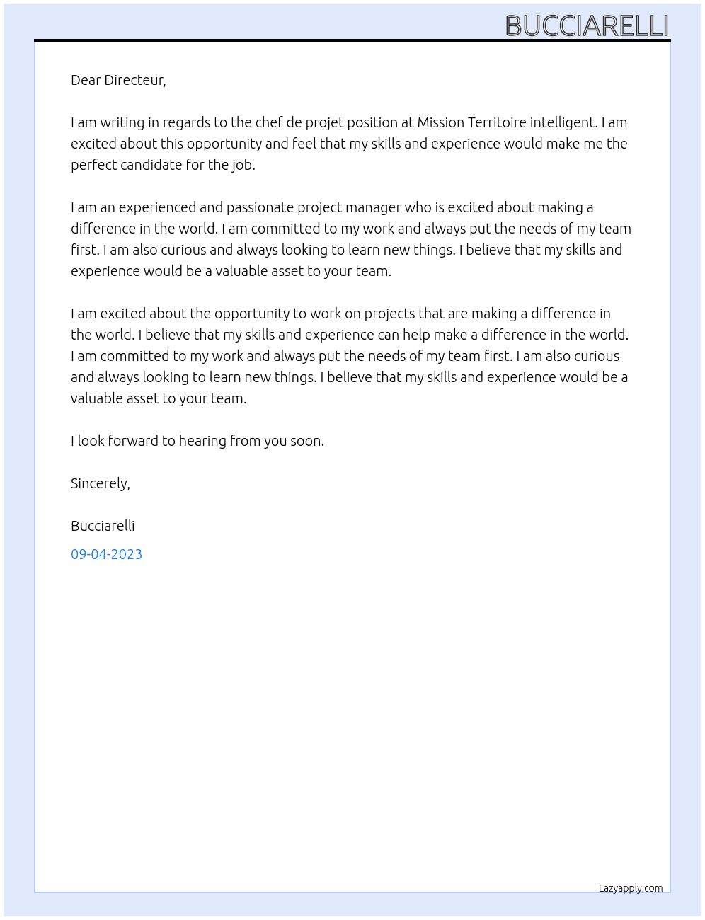 chef de projet At Mission Territoire intelligent Cover Letter