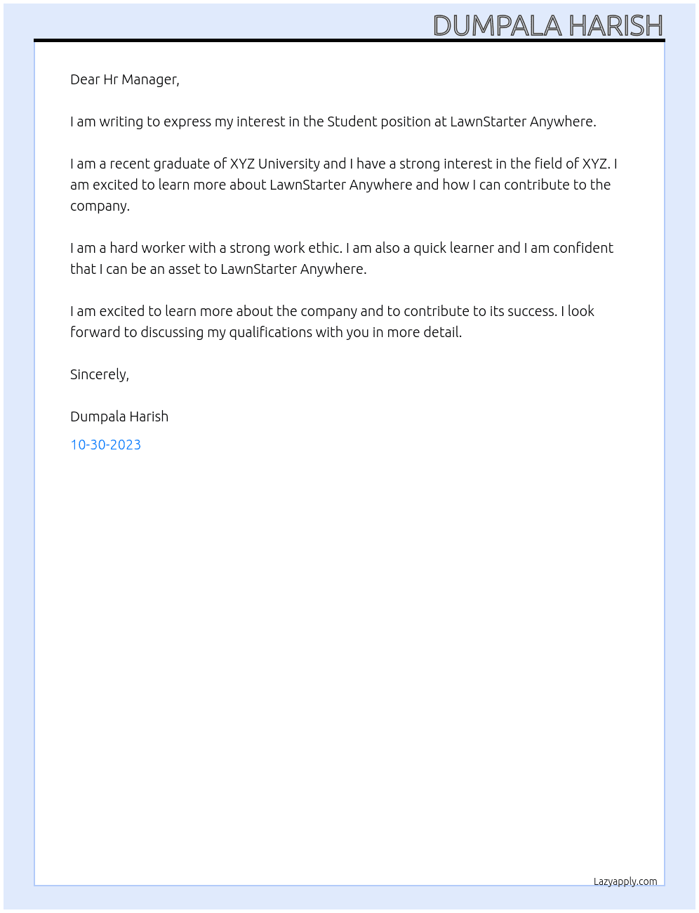 Student At LawnStarter Anywhere Cover Letter