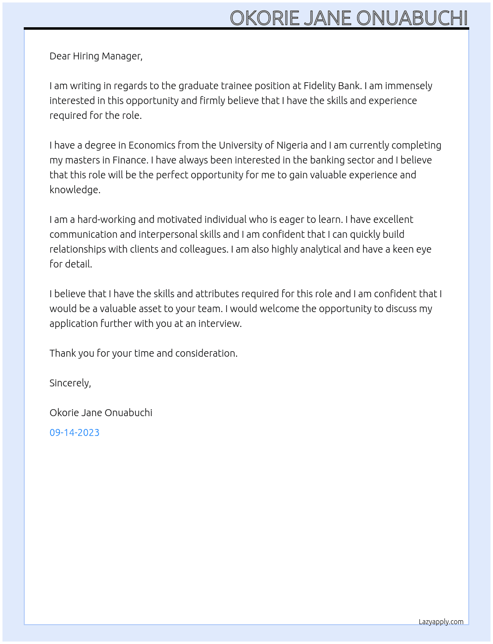 graduate trainee cover letter for bank At Fidelity Bank Cover Letter