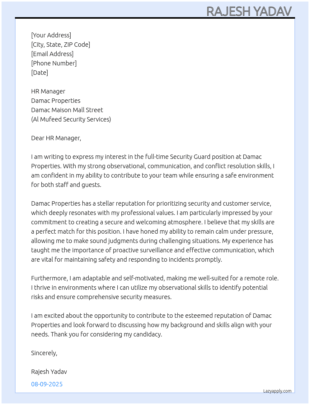 Security Guard  At Damac Properties Damac Maison Mall Street (Al Mufeed Security Services) Cover Letter