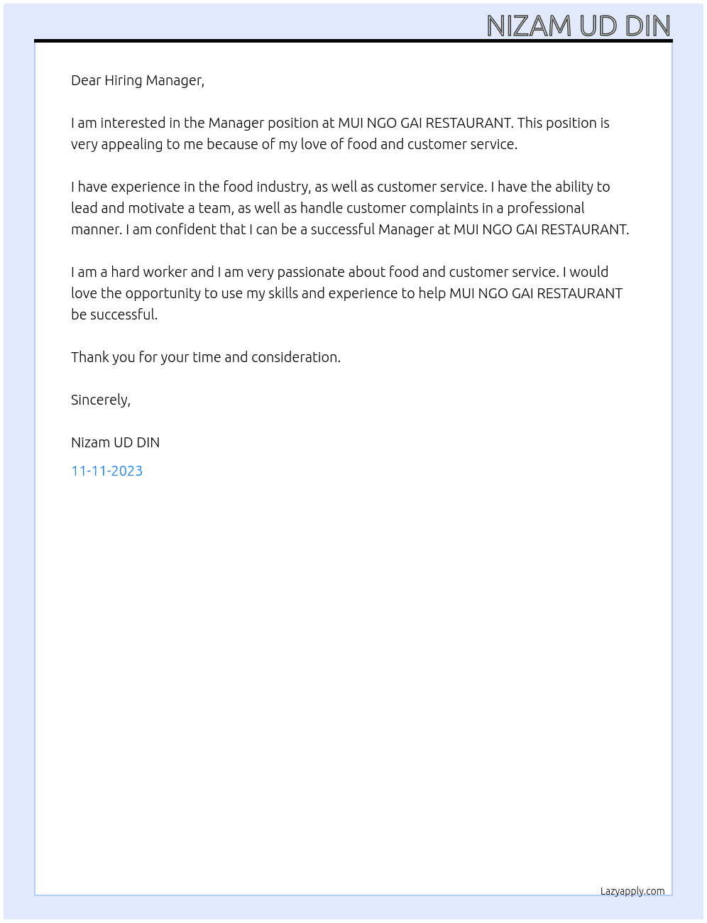 Manager, restaurant  At MUI NGO GAI RESTAURANT Cover Letter