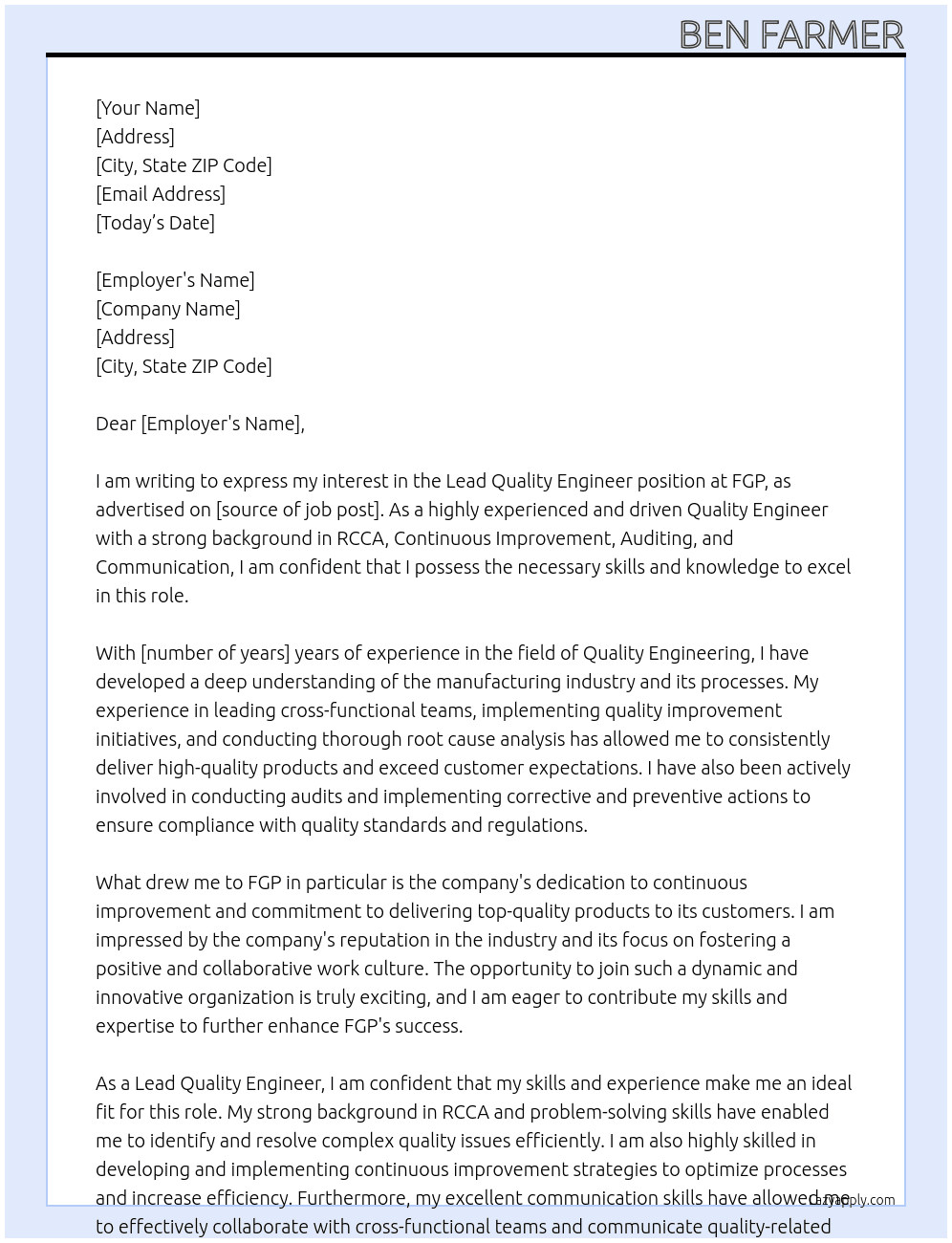 Lead Quality Engineer At FGP Cover Letter