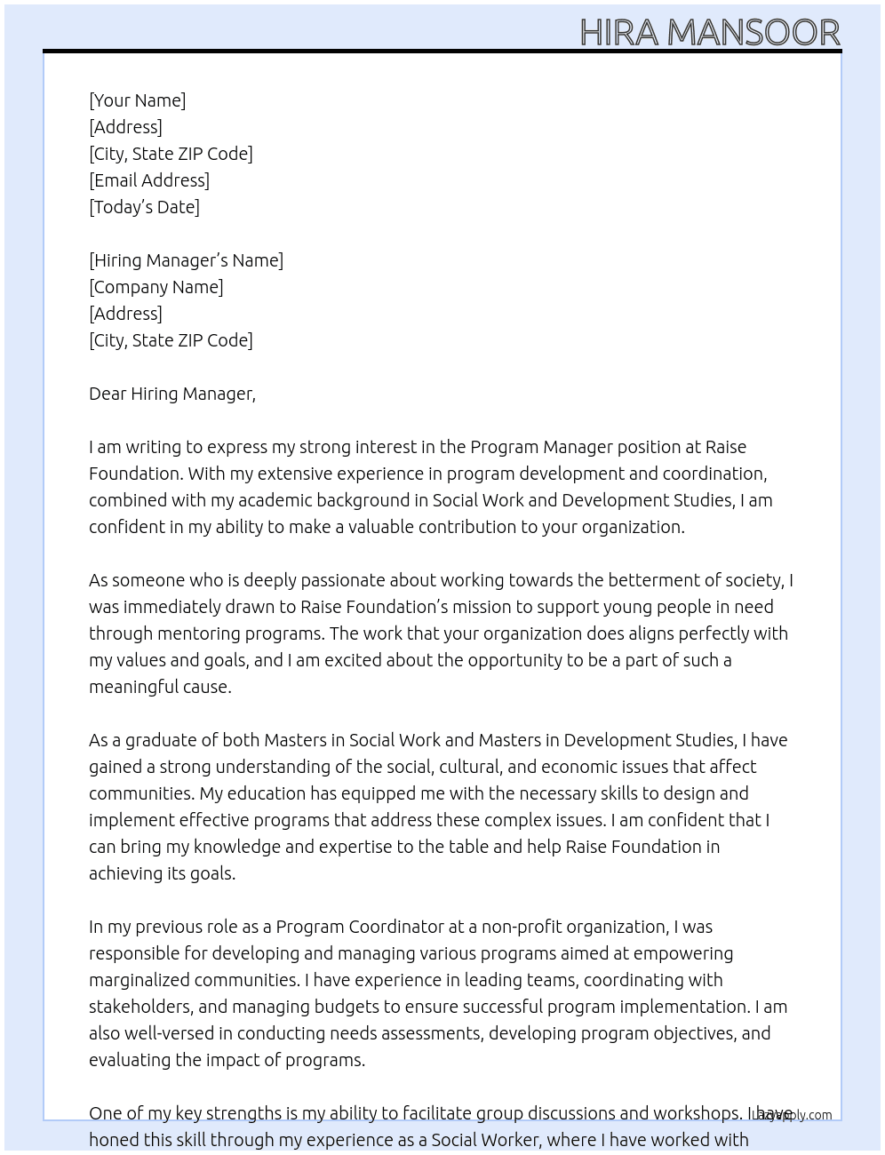 Program Manager At Raise Foundation Cover Letter
