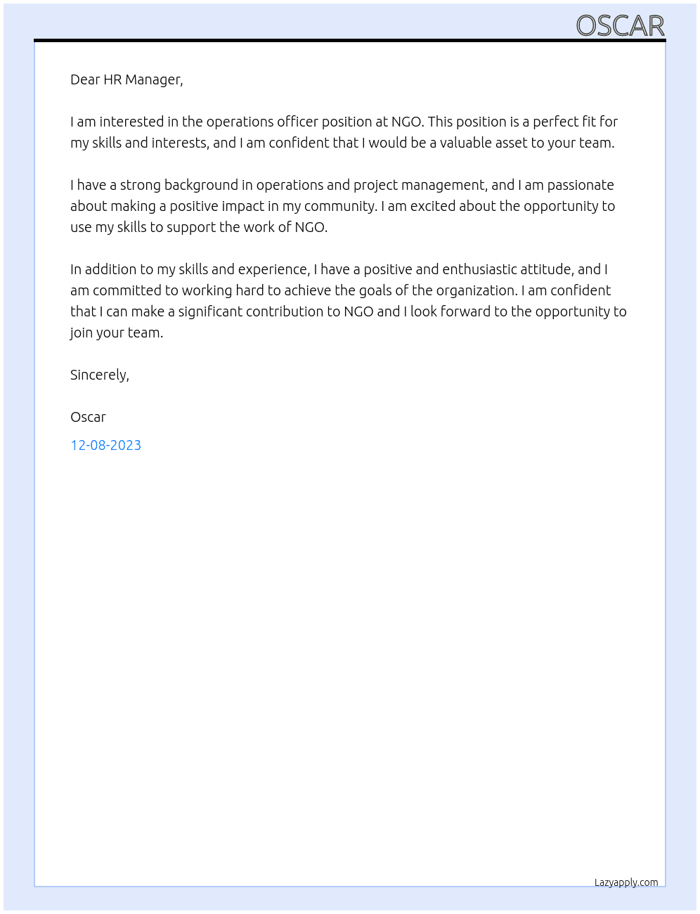 operations officer At NGO Cover Letter