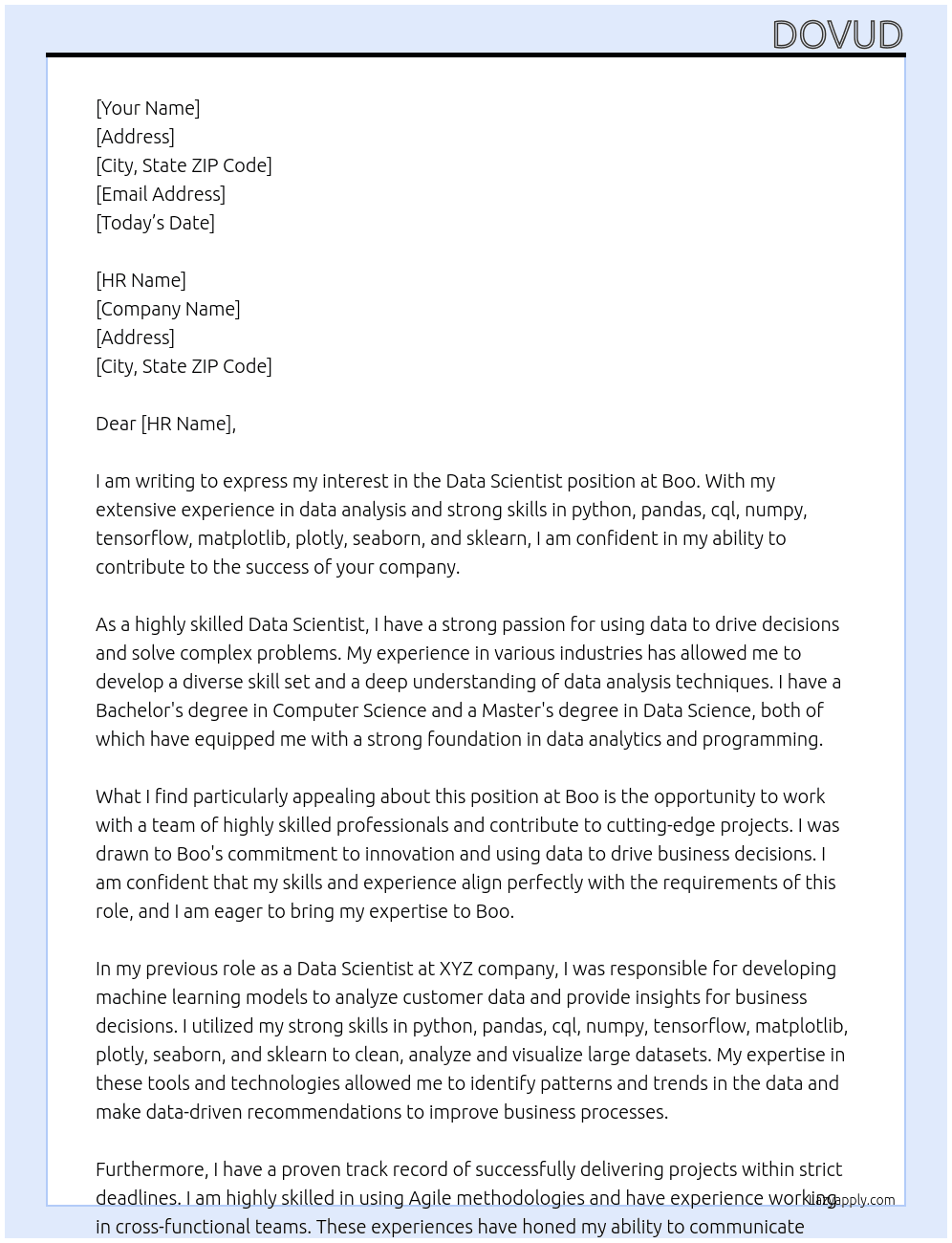 Data Scientist At Boo Cover Letter