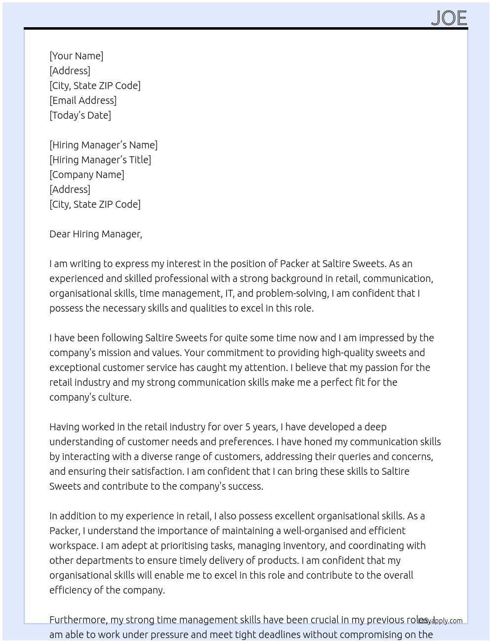 Packer At Saltire Sweets  Cover Letter