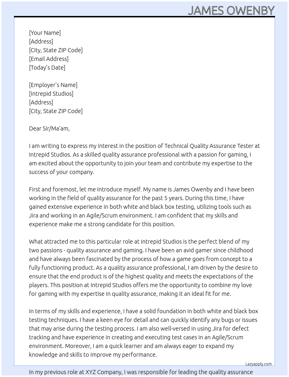Technical Quality Assurance Tester At Intrepid Studios Cover Letter