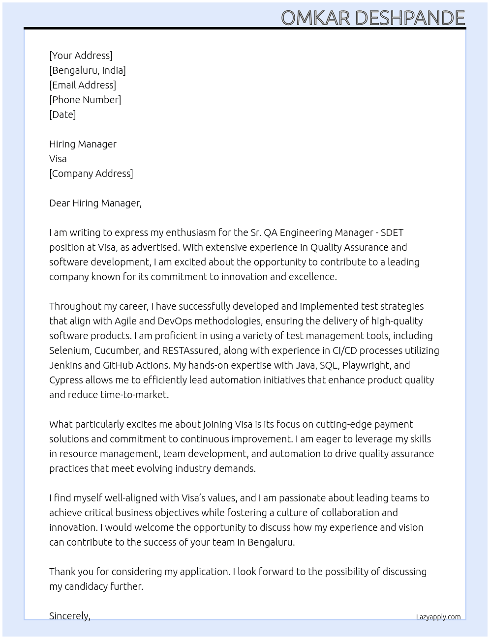 Sr. QA Engineering Manager - SDET At Visa Cover Letter