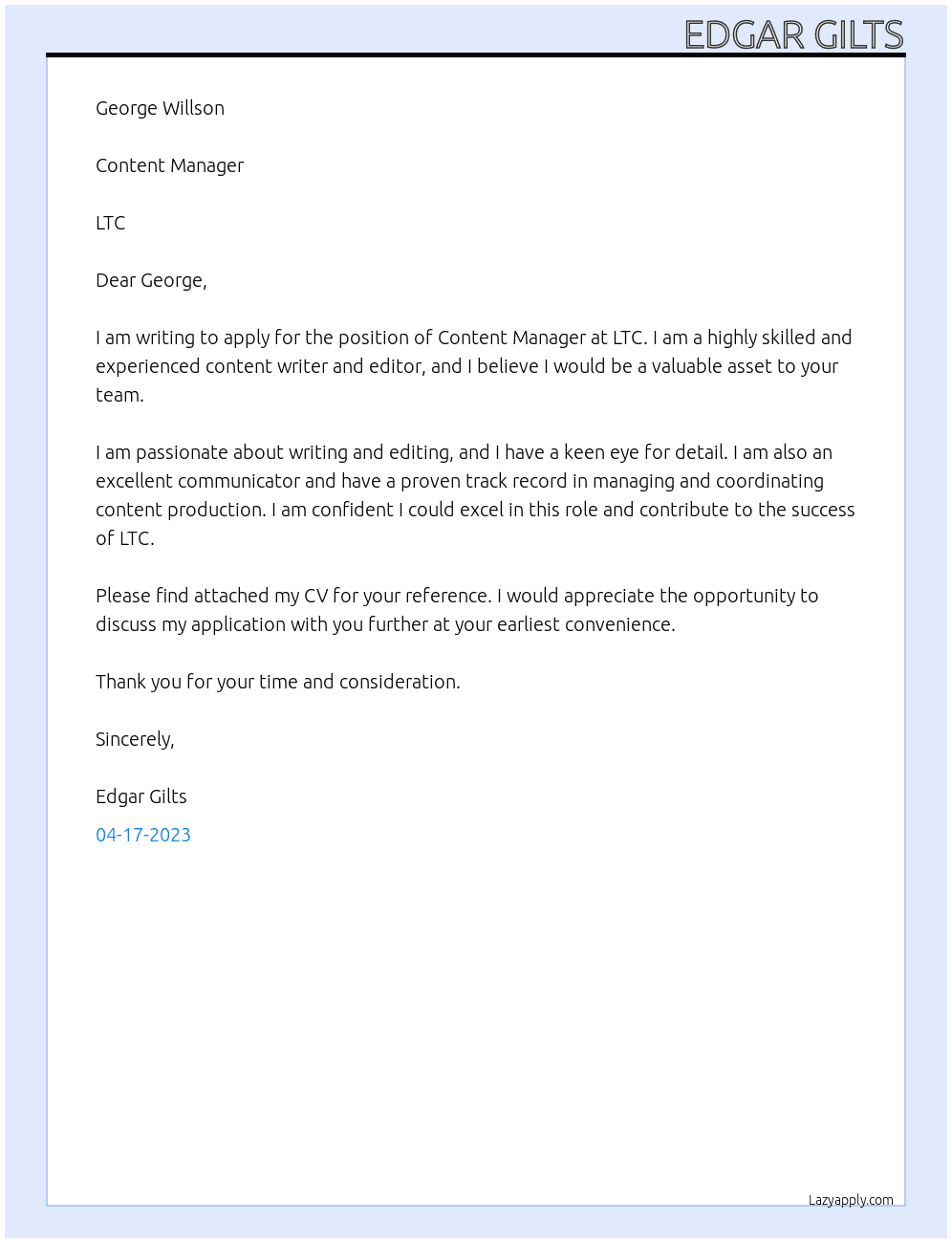 content manager  At LTC Cover Letter