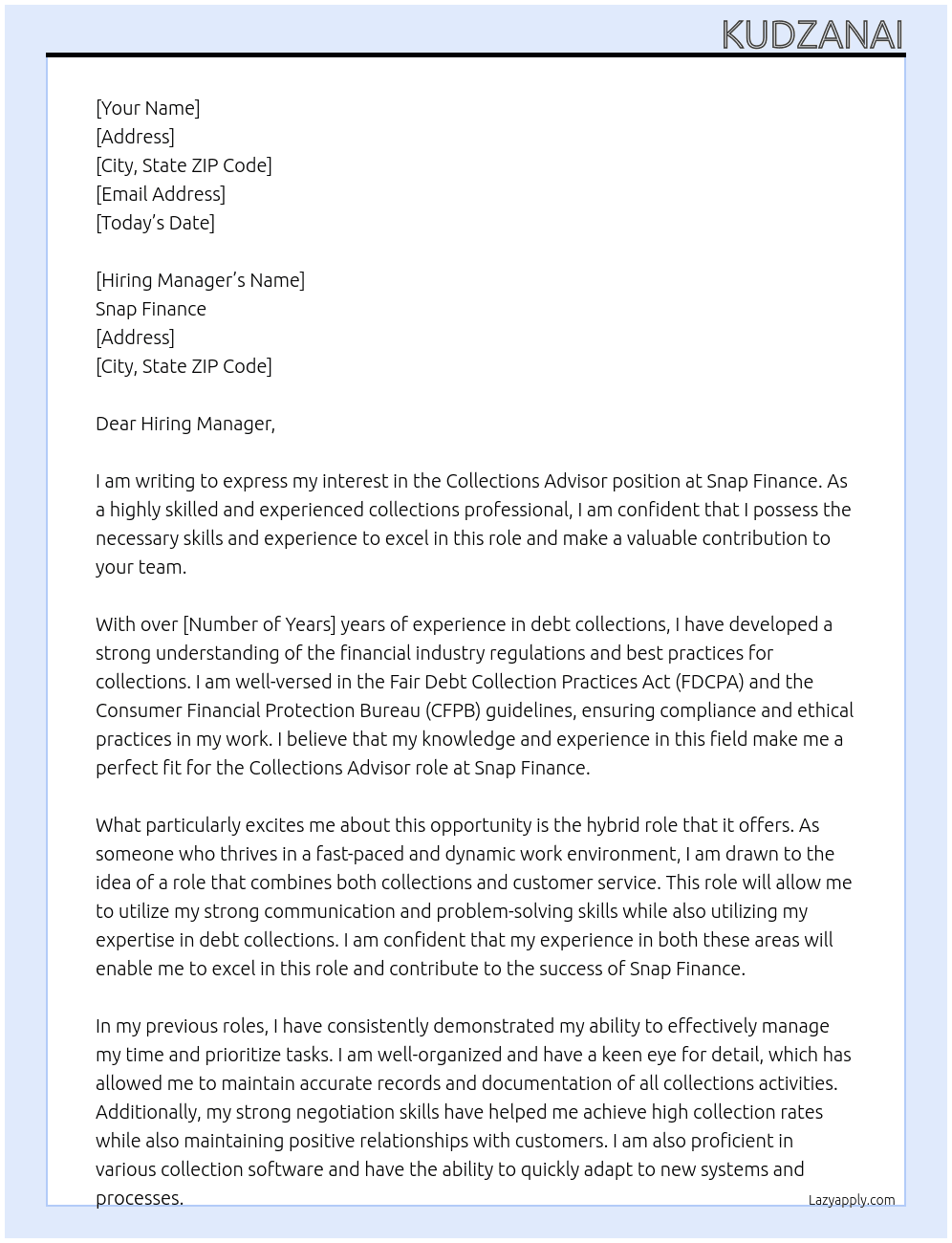 Collections Advisor At Snap Finance Cover Letter