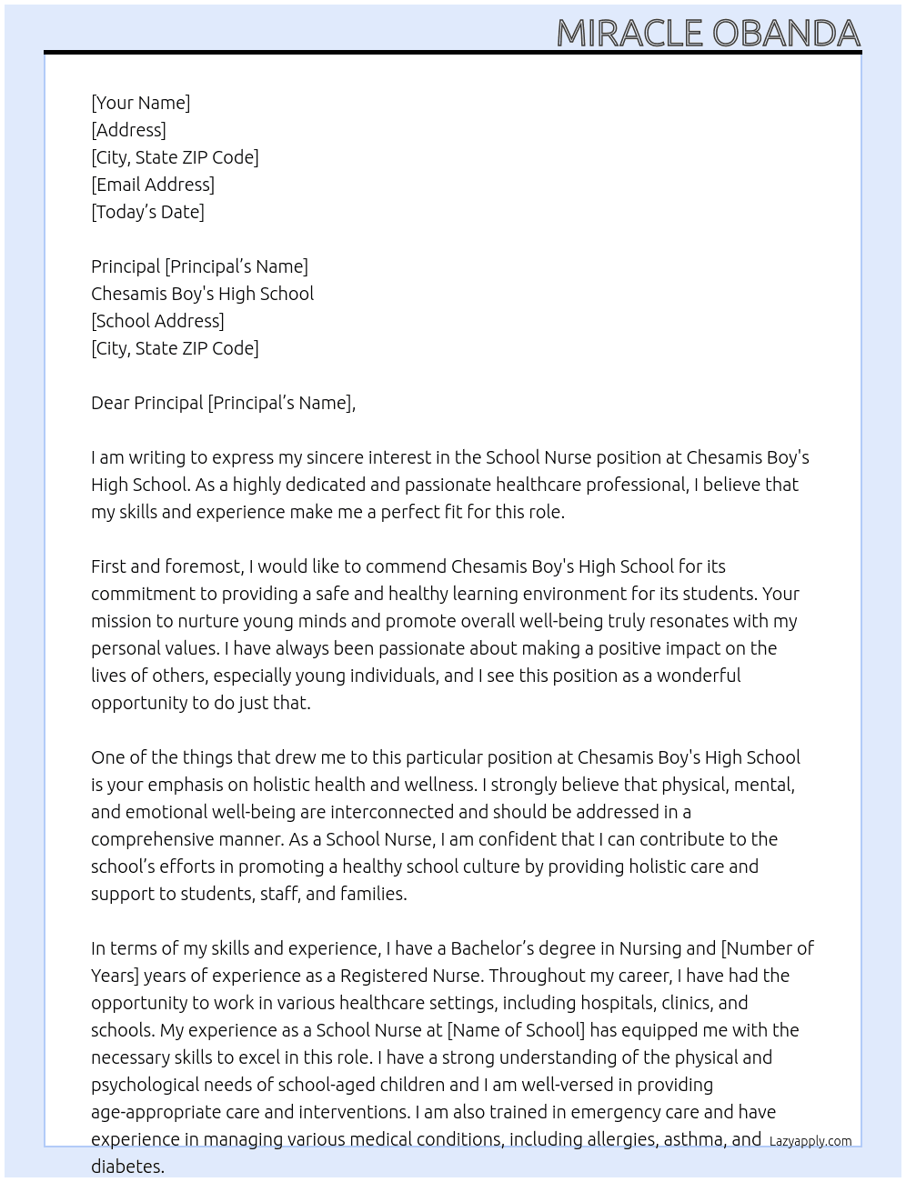 School nurse At Chesamis Boy's high school  Cover Letter