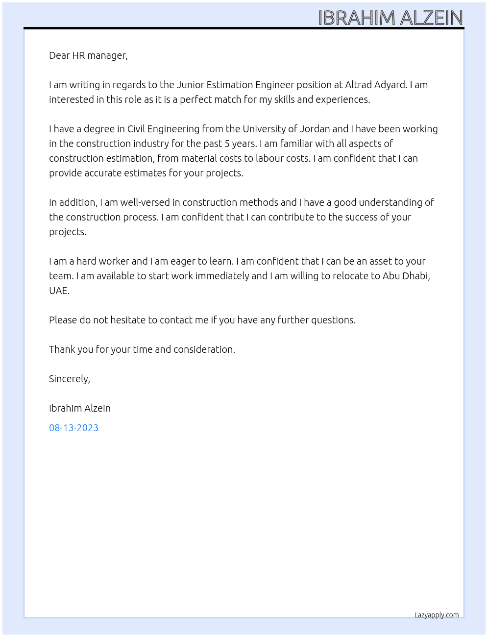 Junior estimation engineer  At Altrad Adyard Cover Letter