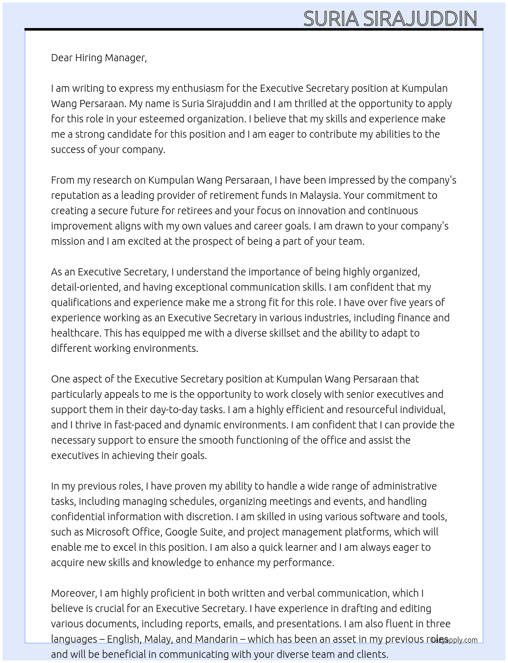 executive Secretary At Kumpulan Wang persaraan  Cover Letter