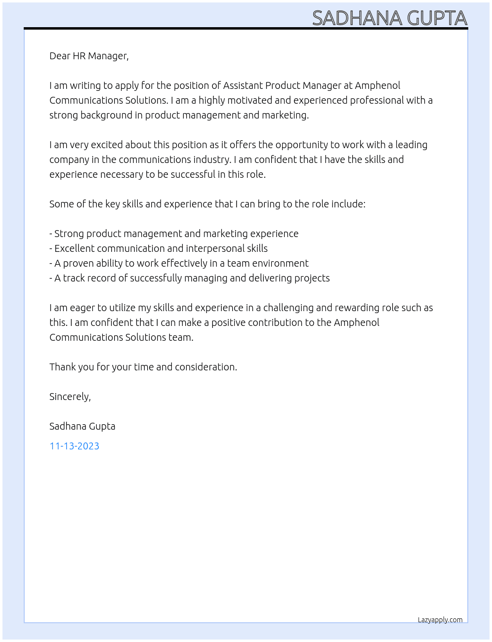 Assistant Product Manager At Amphenol Communications Solutions Cover Letter