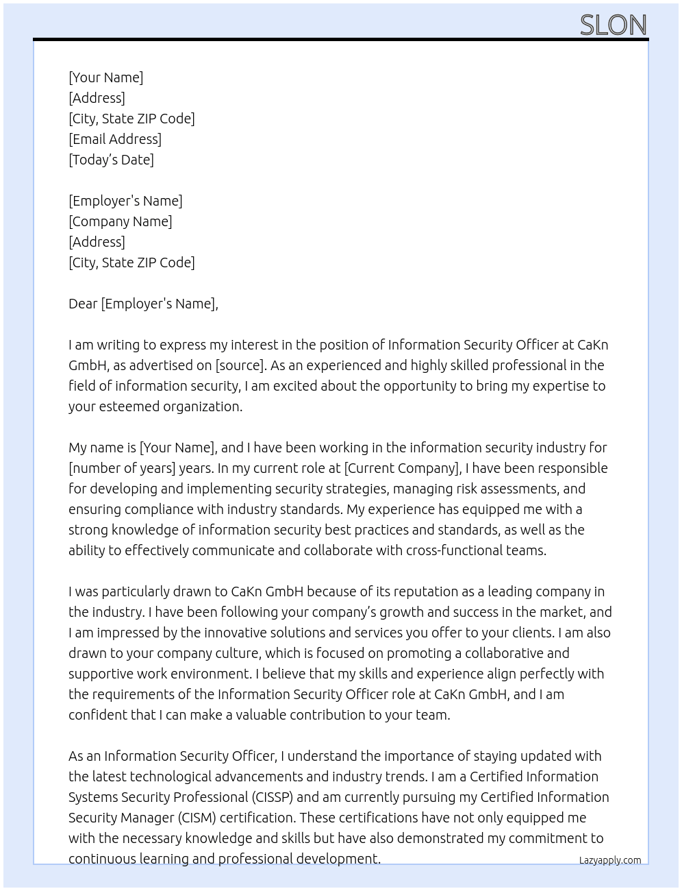 information security officer At CaKn GmbH Cover Letter
