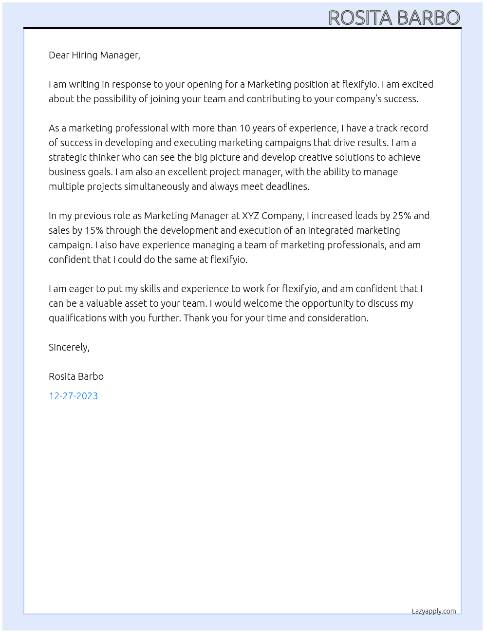 Marketing At flexifyio Cover Letter