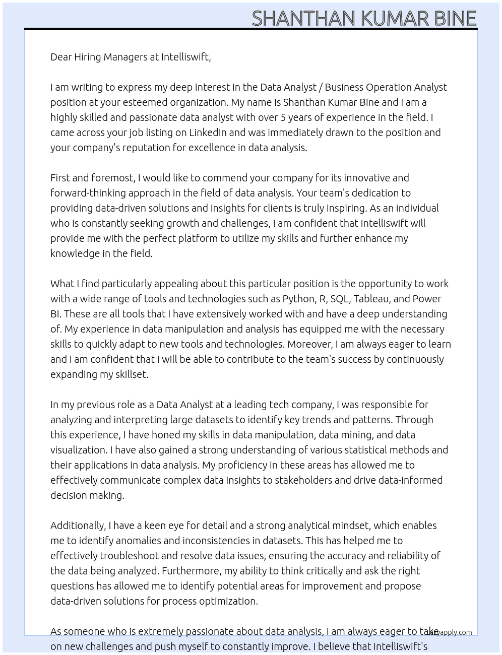 Data Analyst / Business Operation Analyst At intelliswift Cover Letter