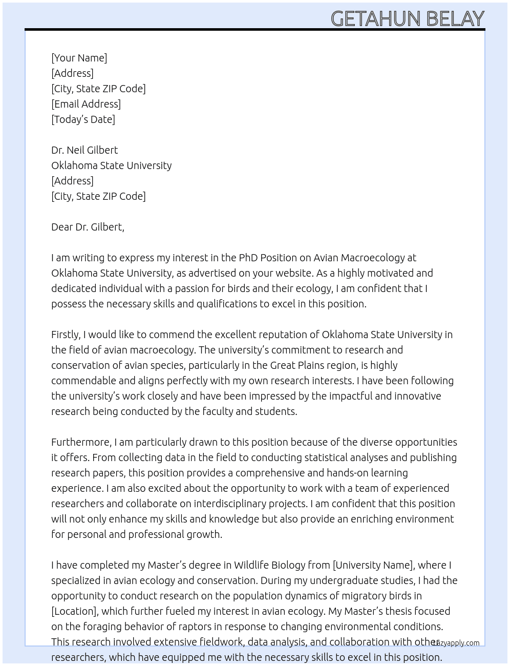 PhD Position on Avian Macroecology at Oklahoma State University At Oklahoma State University Cover Letter