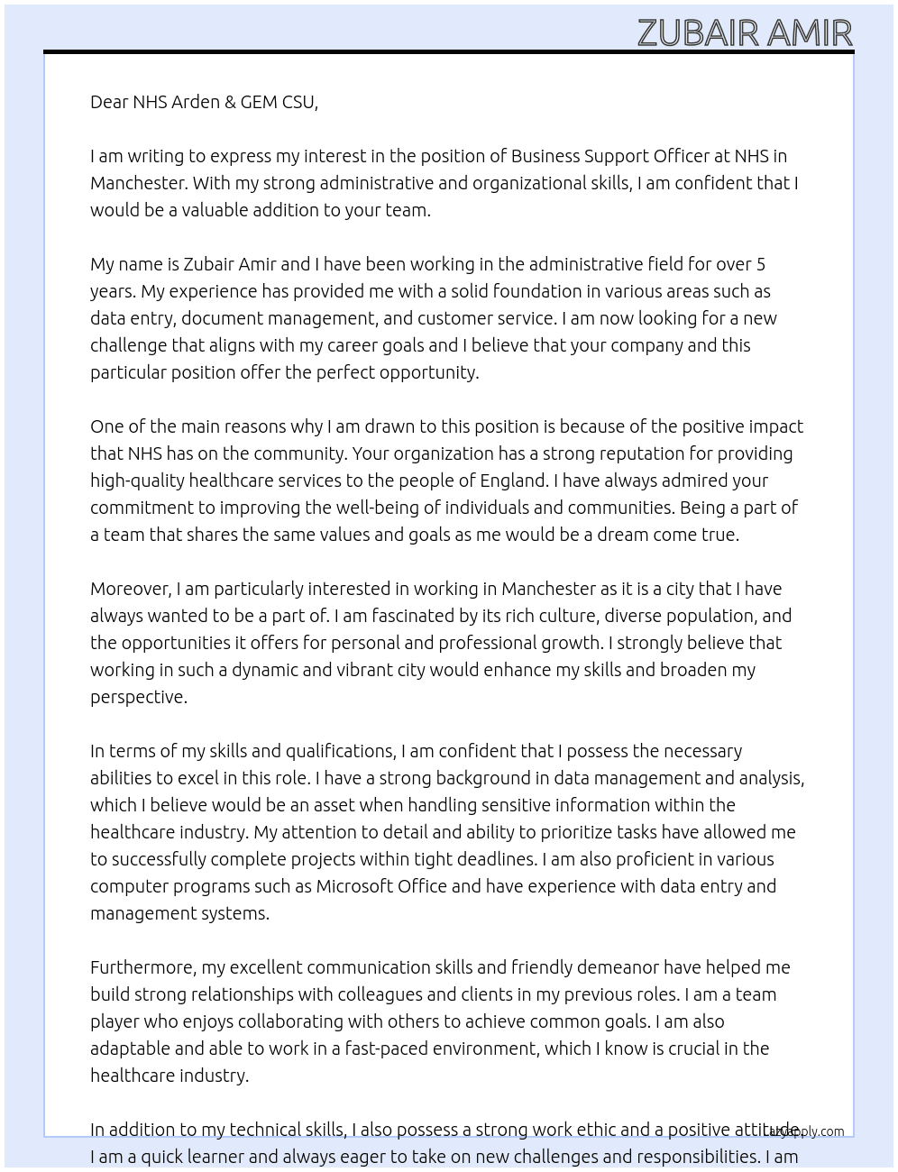 Business Support Officer  At NHS Cover Letter
